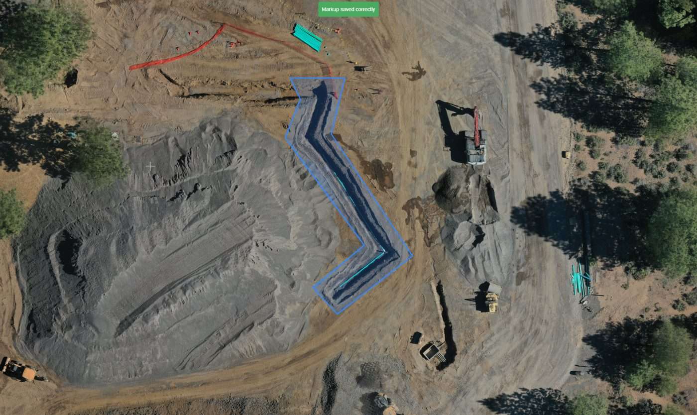 CARTOgraph survey map with measurement markup over an excavation site