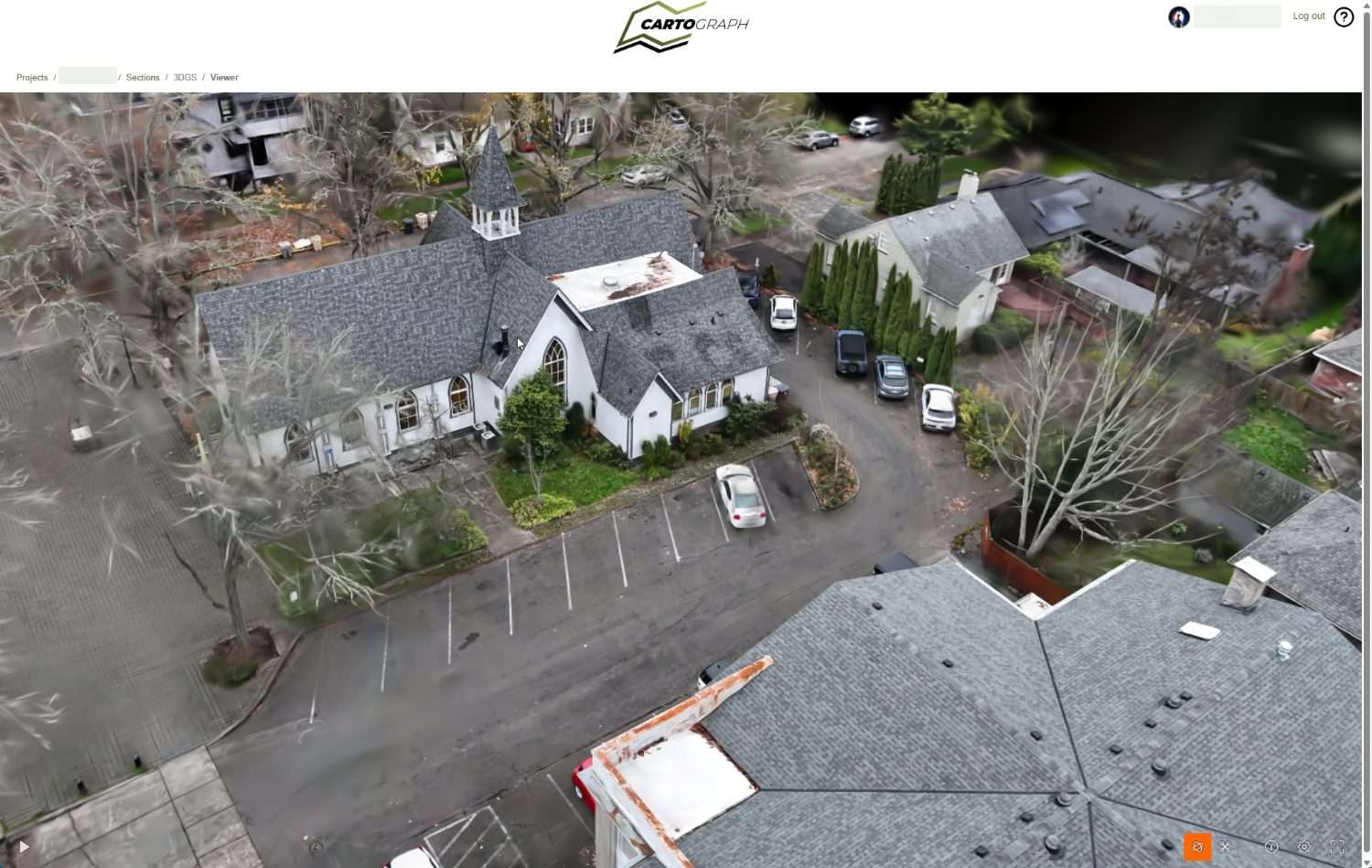 CARTOgraph drone map viewer showing an orthomosaic of a church and parking lot