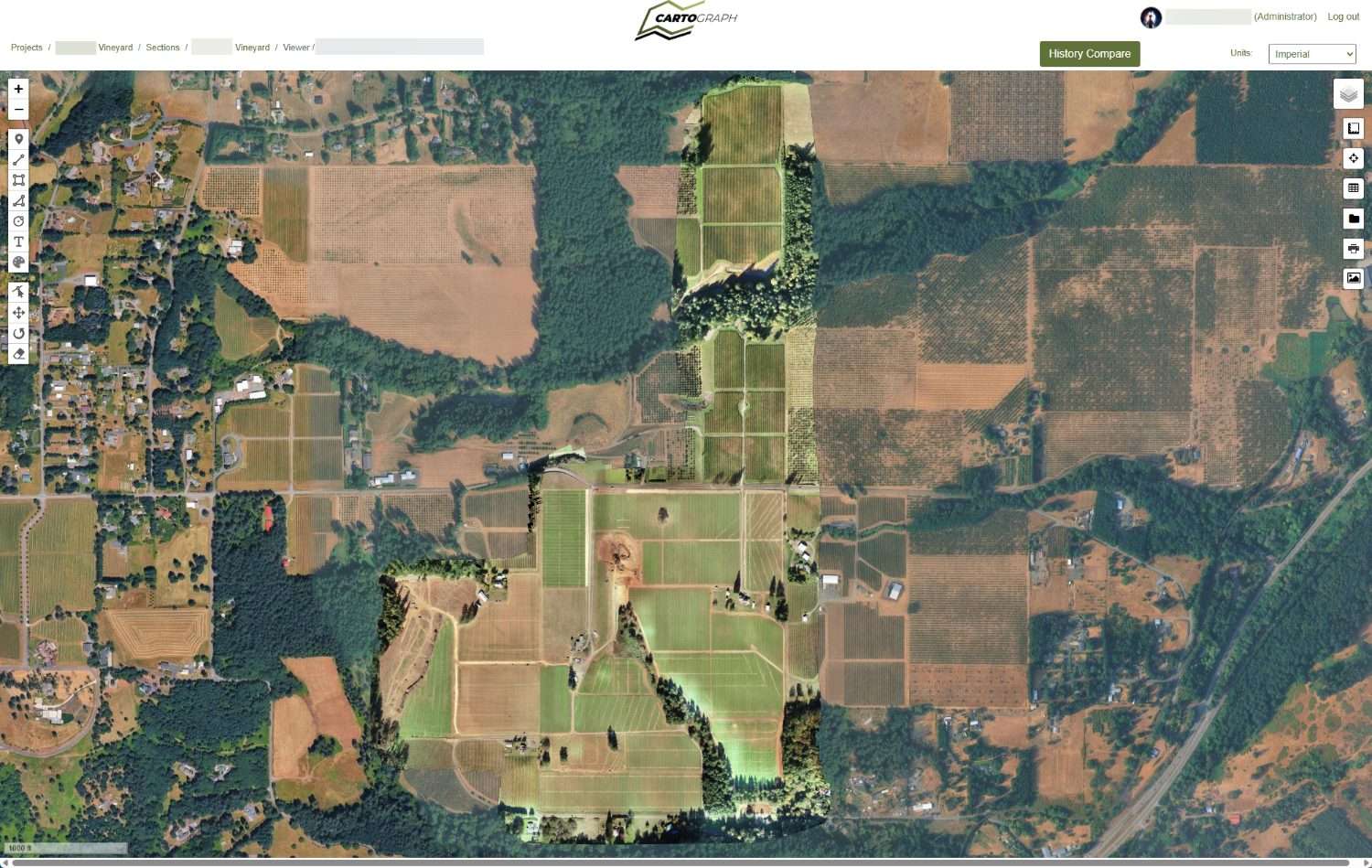 CARTOgraph hosting a wide-area orthomosaic of farmland parcels