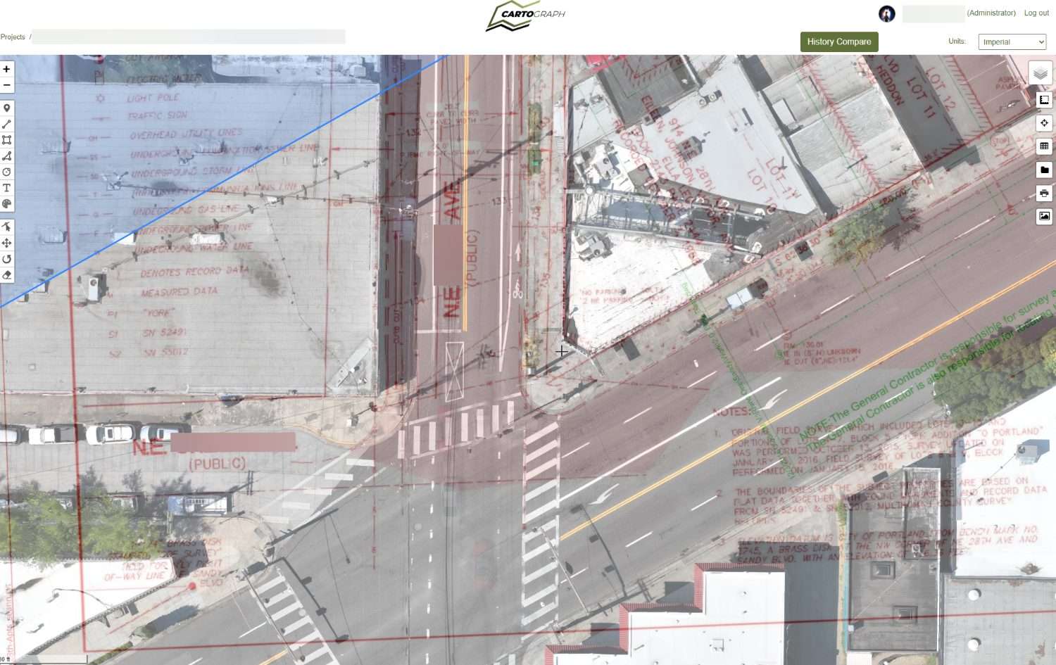 CARTOgraph orthomosaic with CAD drawing overlaid on a street intersection