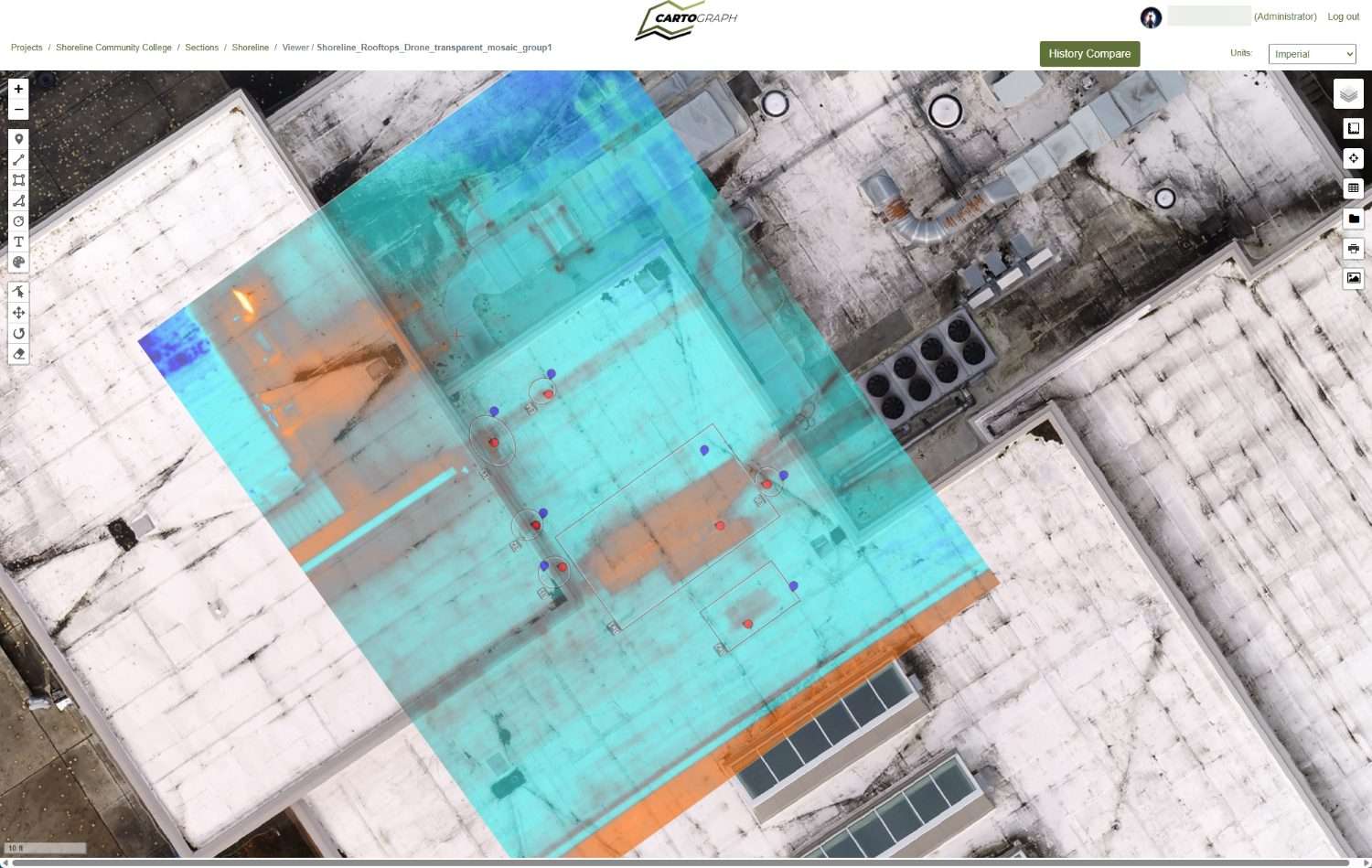 CARTOgraph showing a transparent phase overlay on a rooftop orthomosaic